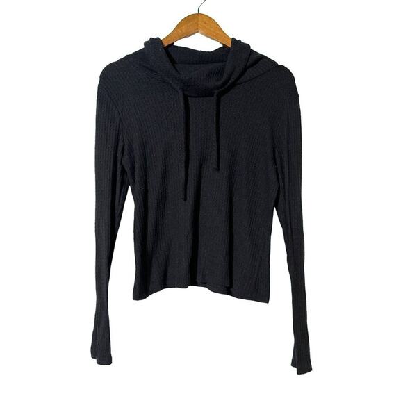 Paper Crane Shirt Medium Waffle Knit Drawstring Neck Waffle Long Sleeve Black - Picture 2 of 7